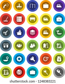 White Solid Icon Set- scraper vector, vacuum cleaner, rake, iron, steaming, student, case, horizontal bar, big scales, group, vial, scissors, data, gear, bench, construction crane, money bag