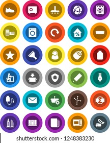 White Solid Icon Set- scraper vector, vacuum cleaner, shining window, microwave oven, jar, pen, pencil, school building, student, constellation, percent growth, safe, snickers, newspaper, favorites