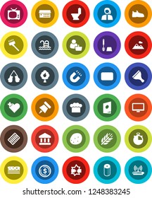 White Solid Icon Set- scraper vector, vacuum cleaner, toilet, brush, paper, cook hat, potato, pin, magnet, bank, dollar coin, stopwatch, snickers, boxing glove, cereals, breads, pool, support, mail