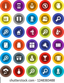 White Solid Icon Set- scraper vector, window cleaning, shining, oil, measuring cup, hand mill, jug, jar, flask, no alcohol sign, glass, cargo search, vial, magnifier, sand clock, potion, cloud