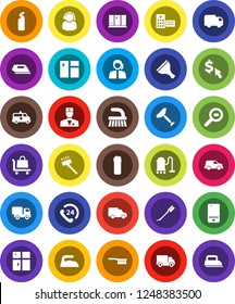 White Solid Icon Set- scraper vector, vacuum cleaner, fetlock, car, window cleaning, iron, agent, shining, dollar cursor, phone 24, support, delivery, cargo search, mobile, doctor, hospital building