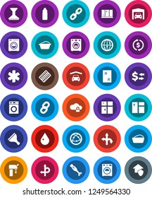 White Solid Icon Set- scraper vector, water drop, car fetlock, window cleaning, washer, foam basin, shining, blender, exchange, bottle, route, internet, ambulance star, pills blister, cloud lock