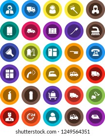 White Solid Icon Set- scraper vector, vacuum cleaner, fetlock, car, window cleaning, iron, steaming, agent, shining, woman, phone 24, support, delivery, mobile, doctor, amkbulance, hour, trolley