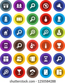 White Solid Icon Set- scraper vector, window cleaning, shining, oil, measuring cup, hand mill, spices, magnifier, flask, no alcohol sign, glass, cargo search, vial, sand clock, potion, cloud, estate