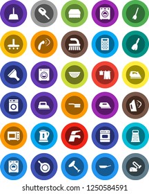 White Solid Icon Set- scraper vector, broom, water tap, vacuum cleaner, fetlock, scoop, sponge, iron, steaming, drying clothes, washer, pan, kettle, colander, grater, microwave oven