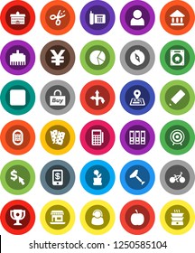 White Solid Icon Set- scraper vector, university, pencil, compass, award cup, pie graph, binder, dollar cursor, yen sign, diet, bike, target, breads, stadium, route, navigator, office, phone, user
