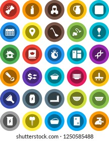 White Solid Icon Set- scraper vector, vacuum cleaner, window cleaning, foam basin, agent, plates, woman, colander, cook timer, ladle, cookbook, jug, corner ruler, exchange, punching bag, calendar