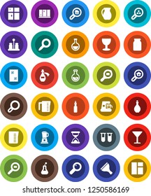 White Solid Icon Set- scraper vector, window cleaning, shining, oil, measuring cup, spices, jug, jar, magnifier, flask, glass, cargo search, vial, sand clock, potion, estate, client, coffee maker