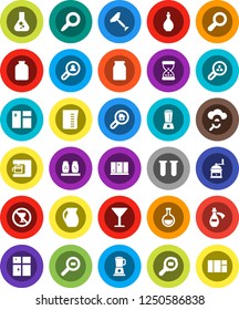 White Solid Icon Set- scraper vector, window cleaning, shining, oil, measuring cup, hand mill, spices, jug, jar, magnifier, flask, no alcohol sign, glass, cargo search, vial, sand clock, potion