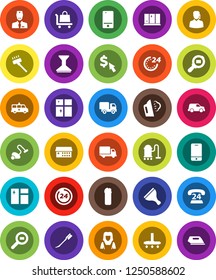 White Solid Icon Set- scraper vector, vacuum cleaner, car fetlock, window cleaning, steaming, agent, shining, woman, dollar cursor, phone 24, delivery, cargo search, mobile, hospital building, hour