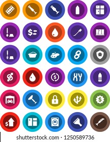 White Solid Icon Set- scraper vector, water drop, car fetlock, window cleaning, toilet brush, washer, foam basin, shining, blender, exchange, dollar growth, medal, bottle, gender sign, pills blister