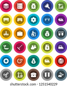 White Solid Icon Set- scraper vector, vacuum cleaner, rake, iron, student, money bag, case, horizontal bar, big scales, group, vial, scissors, data, gear, bench, construction crane, 24 hour