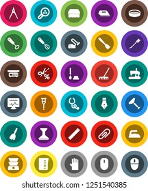 White Solid Icon Set- scraper vector, broom, rake, sponge, car fetlock, iron, toilet brush, rubber glove, measuring cup, whisk, spatula, sieve, pen, ruler, drawing compass, crutches, stethoscope