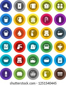 White Solid Icon Set- scraper vector, water tap, bucket, sponge, drop, bath, foam basin, sprayer, closet, sink, kettle, measuring cup, double boiler, jug, enegry drink, bottle, pool, dishwasher