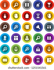 White Solid Icon Set- scraper vector, shining window, oil, measuring cup, hand mill, spices, jug, jar, magnifier, flask, glass, vial, sand clock, potion, search estate, client, blender