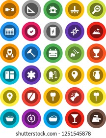 White Solid Icon Set- scraper vector, vacuum cleaner, window cleaning, foam basin, woman, jug, corner ruler, backpack, exchange, enegry drink, calendar, glass, protected, cargo search, dna, pin