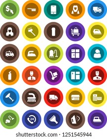 White Solid Icon Set- scraper vector, vacuum cleaner, fetlock, window cleaning, iron, steaming, agent, shining, woman, dollar cursor, phone 24, support, delivery, mobile, doctor, hospital building