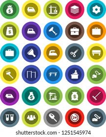 White Solid Icon Set- scraper vector, vacuum cleaner, rake, iron, student, case, money bag, horizontal bar, group, vial, scissors, big data, gear, bench, construction crane, 24 hour
