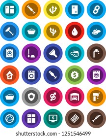 White Solid Icon Set- scraper vector, water drop, window cleaning, toilet brush, washer, foam basin, shining, blender, dollar growth, medal, monitor, internet, gender sign, pills blister, chain