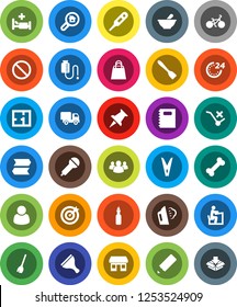 White Solid Icon Set- scraper vector, broom, clothespin, steaming, spatula, oil, copybook, pencil, student, bike, prohibition sign, bone, office, no trolley, microphone, group, thumbtack, mortar