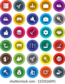 White Solid Icon Set- scraper vector, vacuum cleaner, rake, steaming, student, case, money bag, horizontal bar, big scales, group, scissors, data, gear, bench, 24 hour, iron