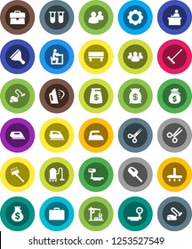 White Solid Icon Set- scraper vector, vacuum cleaner, rake, iron, steaming, student, case, money bag, big scales, group, vial, scissors, gear, bench, construction crane