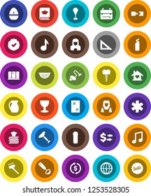 White Solid Icon Set- scraper vector, vacuum cleaner, window cleaning, agent, shining, woman, colander, cook timer, ladle, cookbook, jug, corner ruler, backpack, music, exchange, punching bag, glass