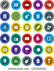 White Solid Icon Set- scraper vector, drying clothes, washer, house hold, garbage pile, cook timer, knife, grater, chicken leg, pencil, atom, boxing glove, shorts, hoop, map pin, umbrella, camera