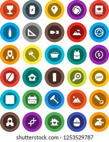 White Solid Icon Set- scraper vector, vacuum cleaner, foam basin, cleaning agent, woman, cook timer, ladle, cookbook, corner ruler, backpack, exchange, punching bag, enegry drink, glass, protected