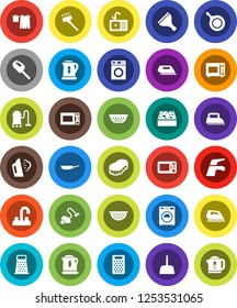 White Solid Icon Set- scraper vector, water tap, vacuum cleaner, scoop, sponge, iron, steaming, drying clothes, washer, sink, pan, kettle, colander, grater, microwave oven