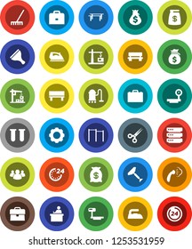 White Solid Icon Set- scraper vector, vacuum cleaner, rake, iron, steaming, student, case, money bag, horizontal bar, big scales, group, vial, scissors, data, gear, bench, construction crane