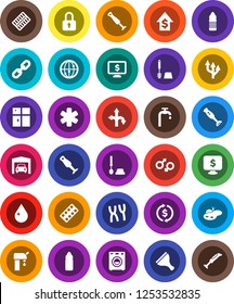 White Solid Icon Set- scraper vector, water drop, toilet brush, shining window, blender, exchange, dollar growth, monitor, bottle, route, internet, ambulance star, gender sign, pills blister, chain