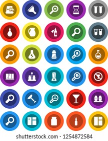 White Solid Icon Set- scraper vector, window cleaning, shining, oil, hand mill, spices, jug, jar, magnifier, flask, no alcohol sign, glass, cargo search, vial, sand clock, potion, estate, client