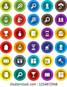 White Solid Icon Set- scraper vector, window cleaning, shining, oil, measuring cup, hand mill, spices, jug, jar, magnifier, flask, glass, cargo search, vial, sand clock, potion, cloud, estate