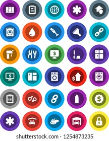 White Solid Icon Set- scraper vector, water drop, window cleaning, toilet brush, washer, shining, blender, dollar growth, medal, monitor, bottle, internet, ambulance star, gender sign, chromosomes