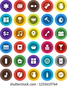 White Solid Icon Set- scraper vector, window cleaning, foam basin, agent, plates, shining, colander, cook timer, cookbook, jug, backpack, music, exchange, punching bag, enegry drink, calendar, glass