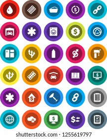 White Solid Icon Set- scraper vector, water drop, window cleaning, foam basin, shining, exchange, dollar growth, medal, monitor, bottle, internet, ambulance star, gender sign, pills blister, chain