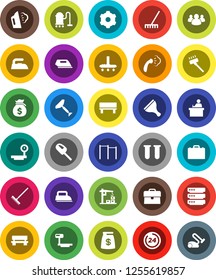 White Solid Icon Set- scraper vector, vacuum cleaner, rake, iron, steaming, student, case, money bag, horizontal bar, big scales, group, vial, data, gear, bench, construction crane, 24 hour