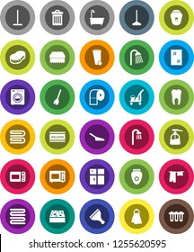 White Solid Icon Set- scraper vector, cleaner trolley, broom, mop, scoop, sponge, towel, trash bin, window cleaning, welcome mat, bath, drying clothes, liquid soap, shining, toilet paper, shower
