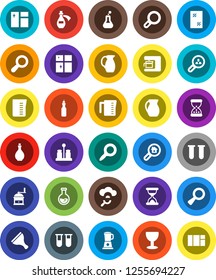 White Solid Icon Set- scraper vector, window cleaning, shining, oil, measuring cup, hand mill, spices, jug, magnifier, flask, glass, vial, sand clock, potion, cloud, search estate, client, blender