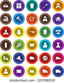 White Solid Icon Set- scraper vector, fetlock, car, iron, cleaning agent, shining window, cleaner woman, dollar cursor, phone 24, support, delivery, cargo search, mobile, doctor, hospital building
