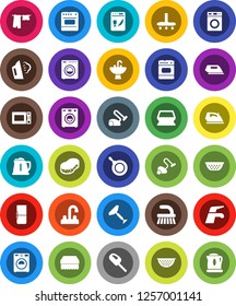 White Solid Icon Set- scraper vector, water tap, vacuum cleaner, fetlock, sponge, iron, steaming, drying clothes, washer, sink, pan, kettle, colander, microwave oven, fridge, dishwasher