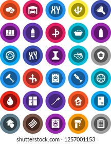 White Solid Icon Set- scraper vector, water drop, car fetlock, window cleaning, washer, foam basin, shining, blender, dollar growth, bottle, route, internet, pills blister, chromosomes, cloud lock