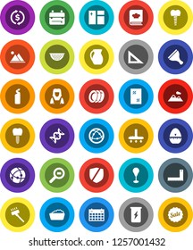 White Solid Icon Set- scraper vector, vacuum cleaner, window cleaning, foam basin, agent, plates, woman, colander, cook timer, cookbook, jug, corner ruler, backpack, exchange, punching bag, calendar