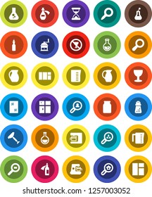 White Solid Icon Set- scraper vector, window cleaning, shining, measuring cup, hand mill, jug, jar, oil, magnifier, flask, no alcohol sign, glass, cargo search, sand clock, potion, estate, client