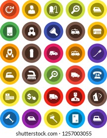 White Solid Icon Set- scraper vector, vacuum cleaner, fetlock, car, window cleaning, iron, steaming, agent, woman, dollar cursor, phone 24, delivery, cargo search, mobile, doctor, hospital building