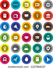 White Solid Icon Set- scraper vector, washing powder, plates, water closet, kettle, scales, apron, cook timer, microwave oven, egg, chicken leg, medal, scissors, world, bank, snickers, skateboard