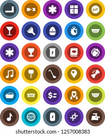 White Solid Icon Set- scraper vector, foam basin, shining window, cleaner woman, colander, cook timer, ladle, cookbook, corner ruler, music, exchange, enegry drink, glass, internet, ambulance star