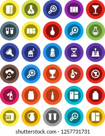 White Solid Icon Set- scraper vector, window cleaning, shining, oil, measuring cup, hand mill, spices, jug, jar, flask, no alcohol sign, glass, vial, sand clock, potion, cloud, search estate, client
