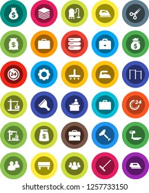 White Solid Icon Set- scraper vector, vacuum cleaner, rake, iron, student, case, money bag, horizontal bar, big scales, group, scissors, data, gear, bench, construction crane, 24 hour